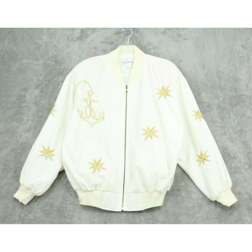 Vintage Nicole J Farah Jacket Womens Large Anchor Gold Ivory Nautical Zip Ivory